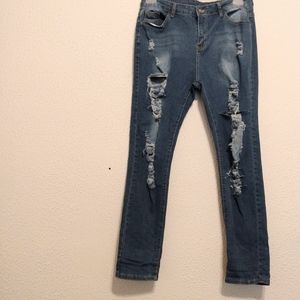 Shein Blue White Distressed Zip Pockets Button High Rise Jeans sz XL